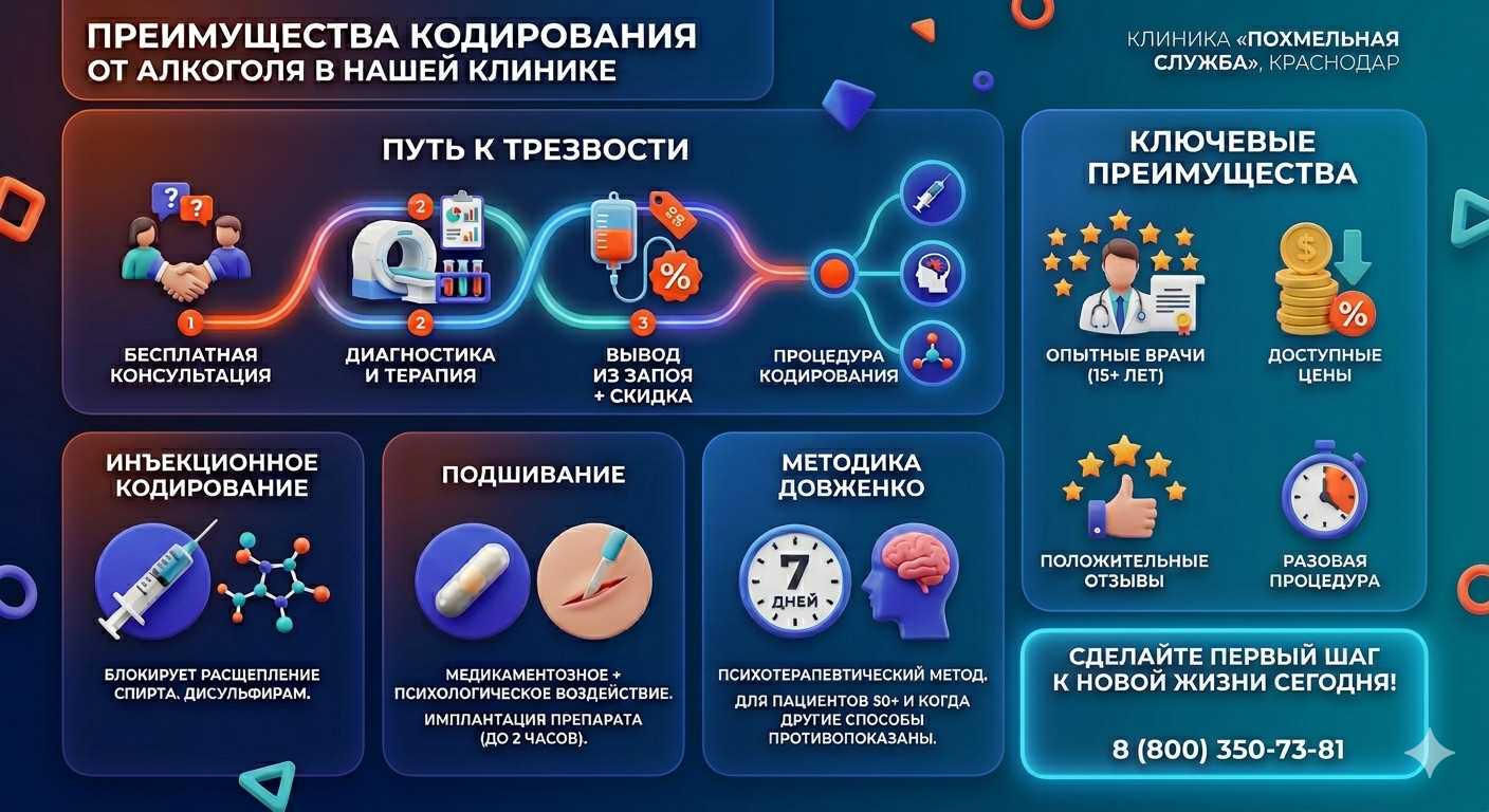 Инфографика о методах кодирования от алкоголя в Егорлыкской: инъекции, подшивание, метод Довженко. Преимущества клиники и этапы лечения.