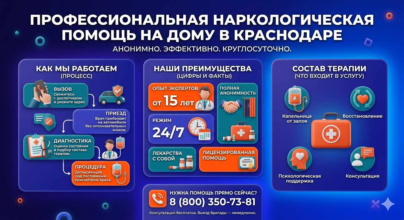 Инфографика о принципах лечения алкоголизма на дому в Егорлыкской: этапы вызова нарколога, преимущества анонимной детоксикации и состав медицинской помощи.